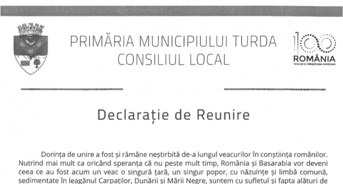 Adoptarea Declaratiei de Reunire cu Republica Moldova, pe ordinea de zi a Consiliului Local Turda