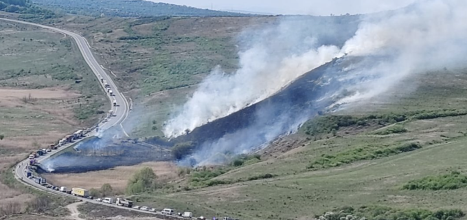 INCENDIU de vegetație pe centura Vâlcele – Apahida! Focul s-a extins de la un autoturism care a luat foc!